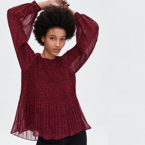 Zara TRF Collection Red Leopard Print Accordion Pleated Blouse Size M